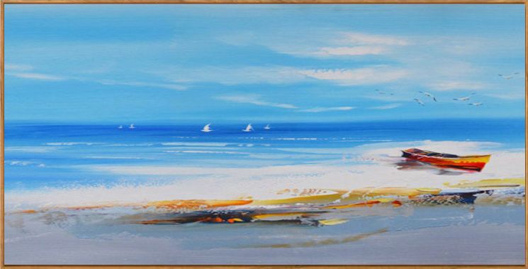 盛夏海滨 简约现代风景手绘油画 北欧风格 横款巨幅客厅装饰挂画