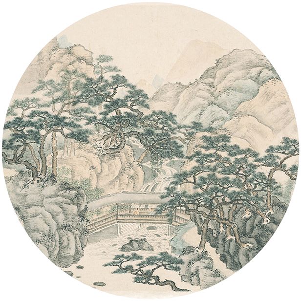 px025实木圆形 新中式山水画客厅装饰画 玄关水墨国画书房挂画