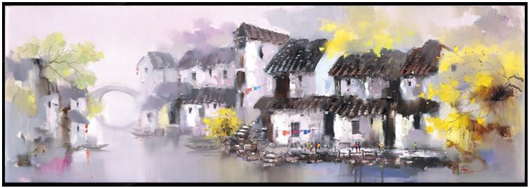 江南水乡新中式手绘油画吴冠中客厅水墨画横长款卧室床头风景画