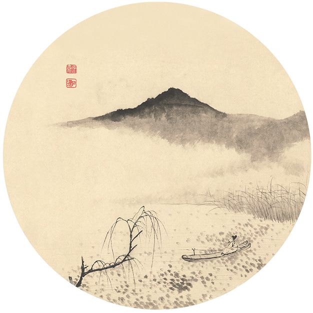 px025实木圆形 新中式山水画客厅装饰画 玄关水墨国画