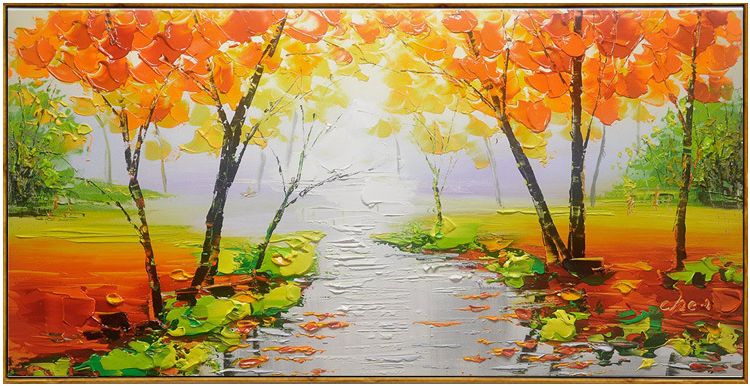 陈杰原创刀画 湖边的秋天 现代山水风景手绘油画温馨客厅装饰画