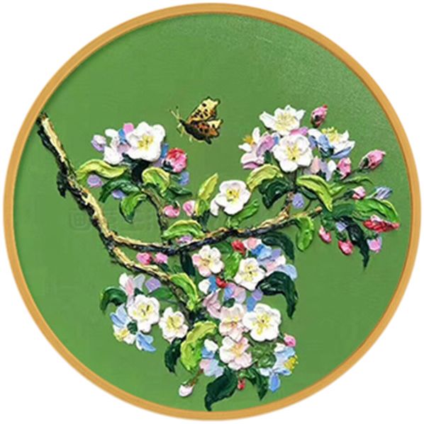 画意原创新中式立体花卉油画圆形玄关客厅装饰画酒店样板画蝶恋花