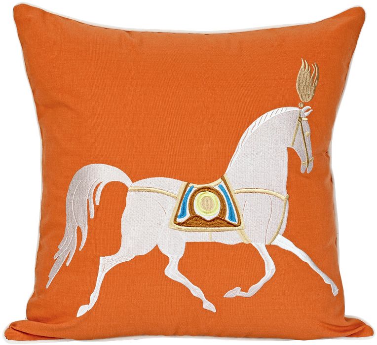 港式爱马仕橙刺绣马抱枕美式现代简约沙发靠垫床头样板房棉麻靠枕