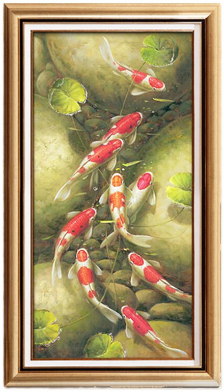 唯艺汇纯手绘油画客厅玄关挂画九鱼图装饰画竖版办公室年年有余画