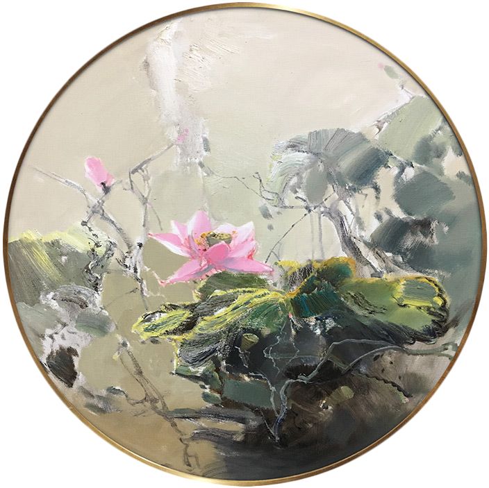 唯艺汇客厅沙发背景墙装饰画原创油画手绘圆形画玄关挂画印象荷花