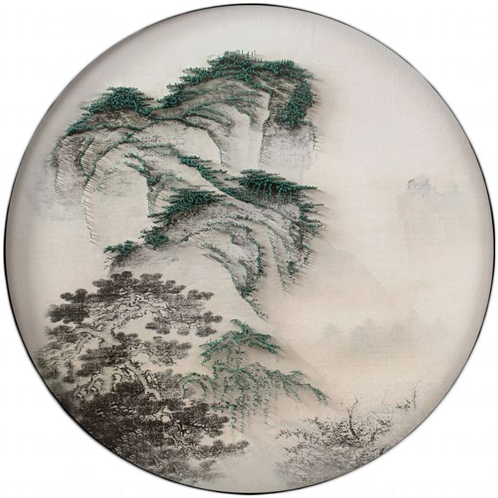 现代新中式手工立体山水画钉子艺术圆形框客厅挂画走廊玄关装饰画