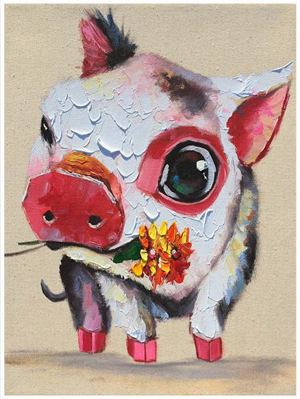 印象斑斓 一只特立独行的猪 赖英鹏原创纯手绘油画 可爱卡通动物