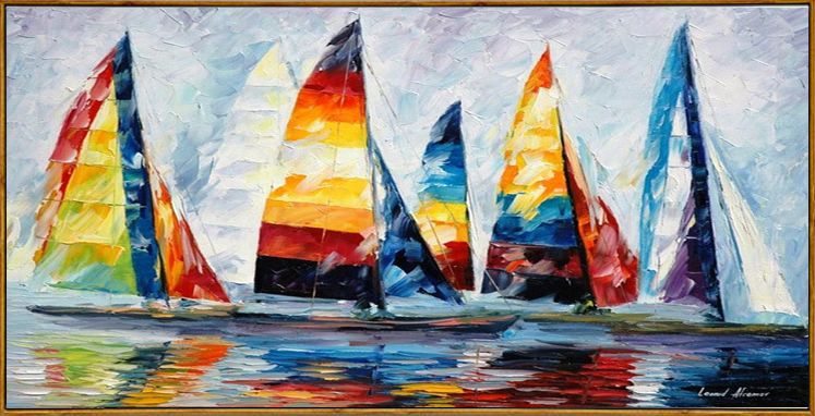 五彩帆船海上帆船手绘厚油刀画朋友送礼一帆风顺前程似锦北欧油画