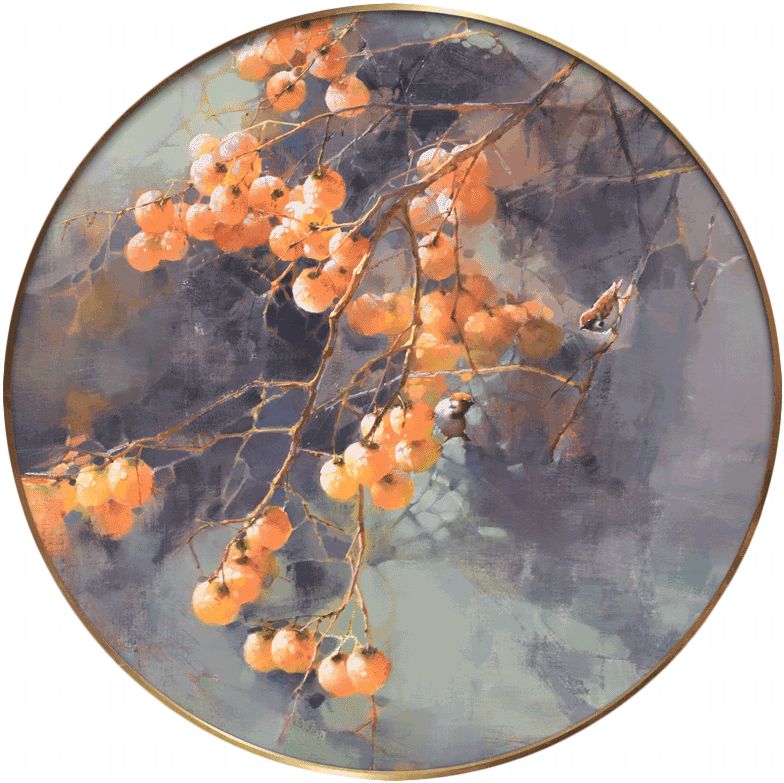 唯艺汇新中式装饰墙画玄关油画圆形挂画原创手绘作品柿柿如意