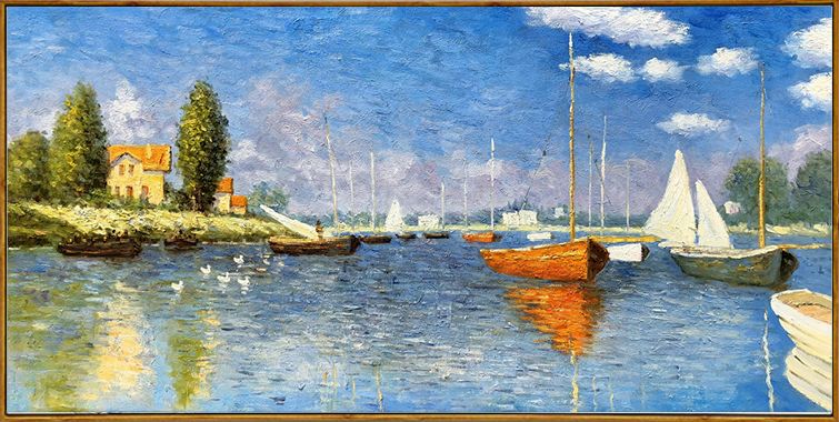 莫奈 阿根德尔帆船 李东手绘油画 北欧现代风景客厅巨幅装饰挂画