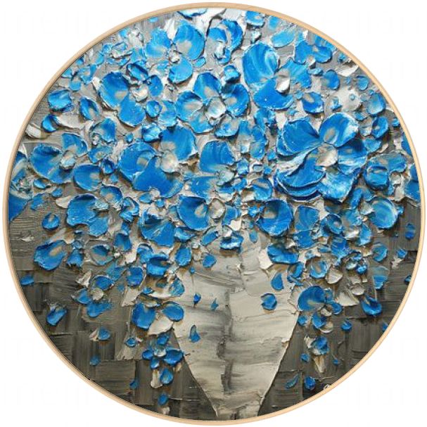 幸福花 厚油刀画手绘花卉油画 圆形实木画框客厅三联拼套装饰画