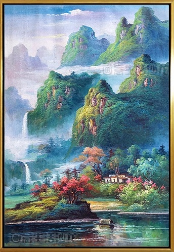 画意生活新中式山水飘渺风景手绘油画竖幅玄关挂画客厅拼套装饰画
