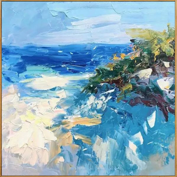 海之蓝 纯手绘油画 现代自然风景客厅沙发背景三联多幅组合装饰画