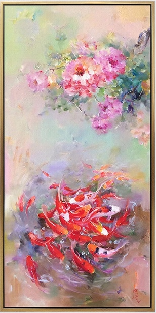 纯手绘油画玄关装饰画竖版新中式荷花九鱼图过道装饰壁画大气挂画