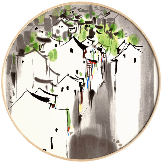 lc034 吴冠中 圆形装饰画 中式水墨画 书房卧室客厅风景挂画玄关