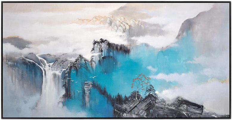 新中式手绘油画横幅客厅装饰画抽象风景挂画书房壁画卧室床头墙画