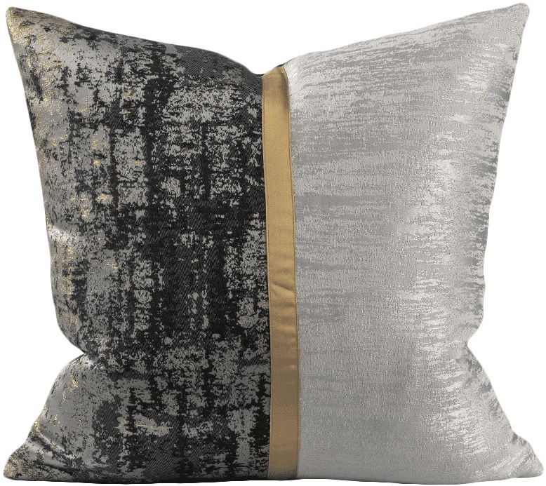 现代轻奢沙发抱枕银桦色肌理黑金色拼接样板间软包卧室床头靠枕套