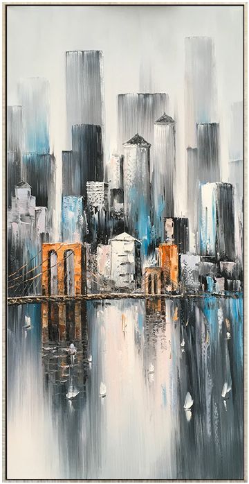 都市系列 纽约 孔良彬手绘油画 现代简约北欧客厅竖款建筑玄关画