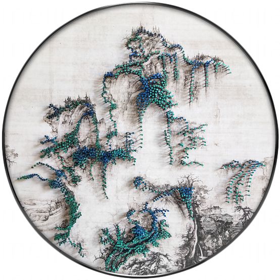 新中式圆框禅意山水钉子装饰画玄关客厅过道软装样板房背景墙挂画