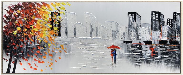 雨中漫步 陆耀晃原创手绘油画 现代北欧厚颜料客厅风景大幅装饰画