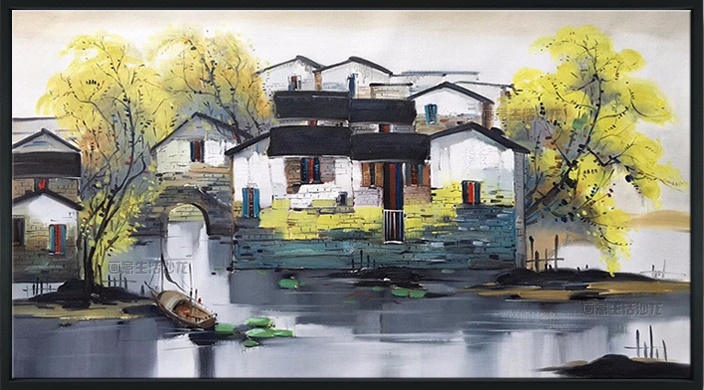 画意新中式客厅沙发背景墙装饰画写意江南水景有框画吴冠中横幅