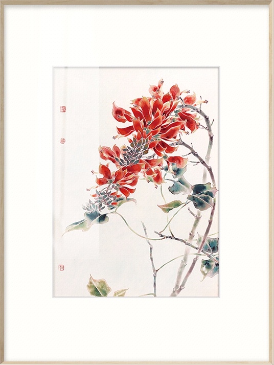 【新品】现代简约客厅装饰画三联挂画餐厅花卉国画 戴志文 一品红