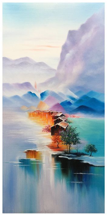 世外桃源 原创新中式山水风景手绘油画 竖款茶楼玄关办公室装饰画