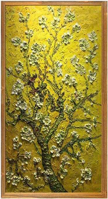 梵高 盛开的杏花 纯手绘油画实木框欧式美式竖款玄关花卉装饰画