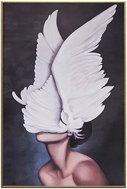 莫兰迪画廊美式轻奢客厅卧室天使翅膀少女金属框手绘油画装饰热卖