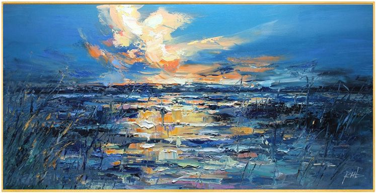 荣海冰原创刀画 黎明 设计师款北欧抽象风景手绘油画横款版装饰画