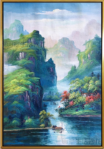 画意生活新中式山水飘渺风景手绘油画竖幅玄关挂画客厅拼套装饰画