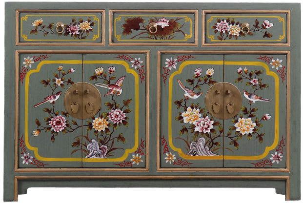 新中式彩绘家具餐边柜 实木仿古手绘做旧古典乡村做旧鞋柜玄关柜