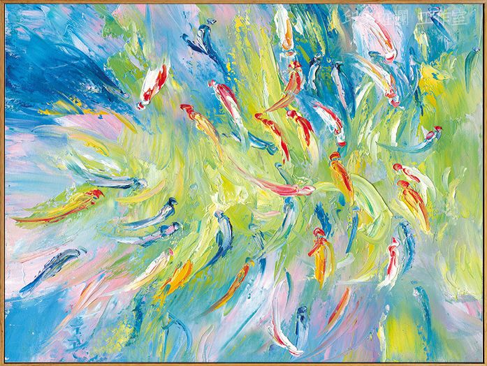 印象斑斓 群鱼戏水 手绘油画 现代新中式动物大幅玄关客厅装饰画