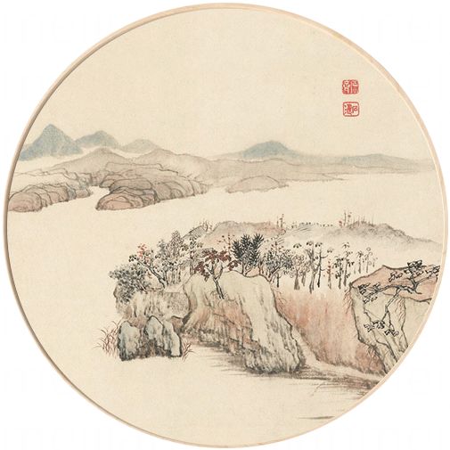 实木创意圆形框新中式山水画书房玄关挂画水墨国画壁画客厅装饰画