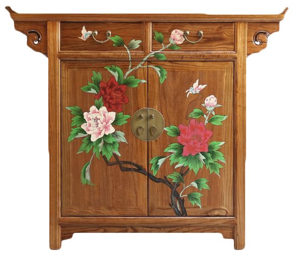 新中式彩绘家具翘头榆木鞋柜玄关门厅实木田园风格储物隔断柜